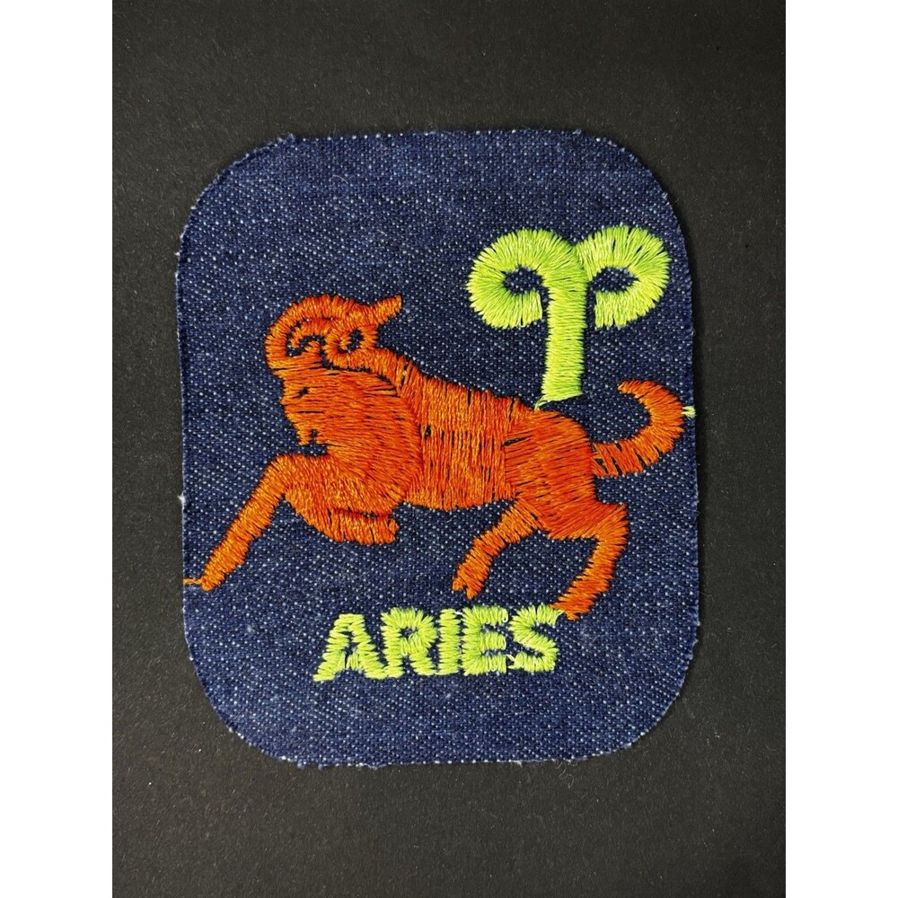 Vintage 1970s Aries Zodiac Denim Patch Orange Ram Astrology Hippie Retro 70s
